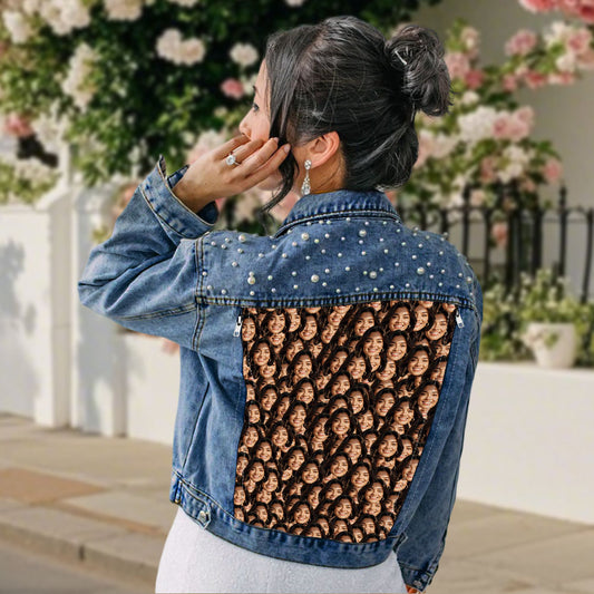 Back view of personalised pearl photo denim jacket with custom face print and pearl embellishments — women's custom face jean jacket