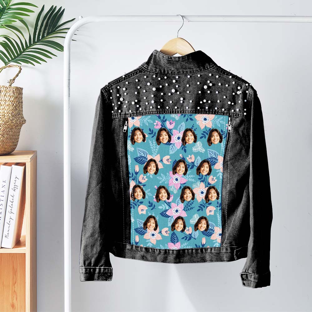Angled lifestyle shot of personalised pearl-embellished denim jacket worn by model, highlighting custom face photo and optional personalised text — thoughtful gift for mum or wife