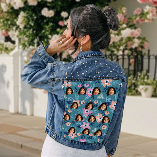 Front view of personalised pearl photo denim jacket with custom face print, pearl embellishments and Hawaiian-style artwork — perfect gift for her (S–5XL)