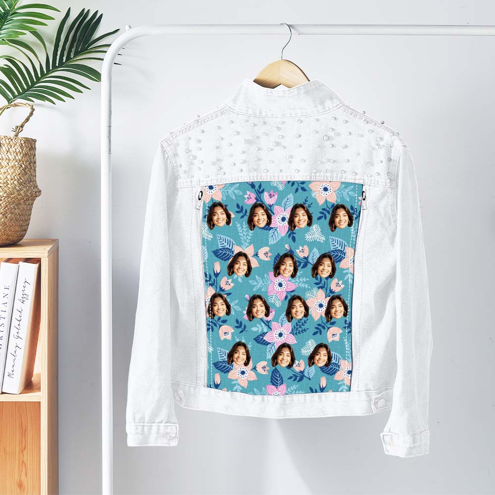 Back view of personalised denim jean jacket showing large custom photo print and tropical Hawaiian-inspired motif with delicate pearl accents