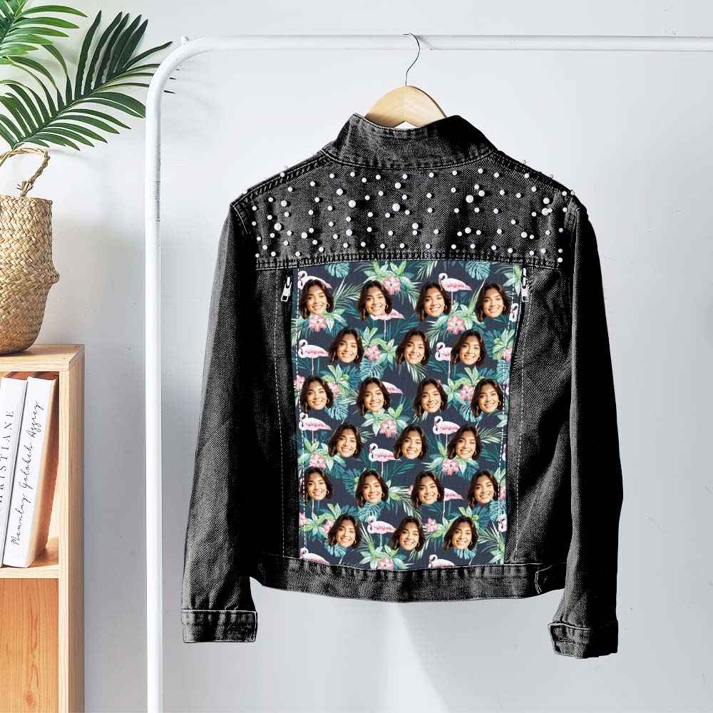 Personalized Jean Jacket with Pearl Custom Face Leaf Printing Denim Jacket Funny Gift for Her
