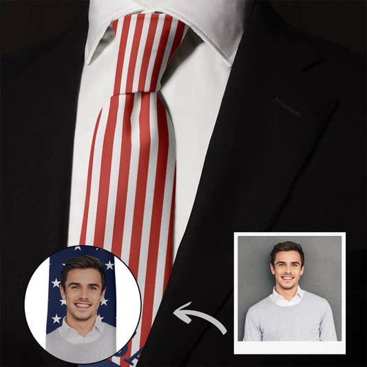 Close-up of the star-pattern necktie showing vibrant colours and the option for custom photo printing.