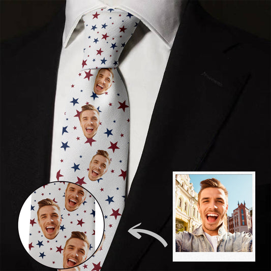 Personalised star-pattern face tie with a custom photo print for Independence Day – a patriotic necktie featuring a face image and vibrant colours.