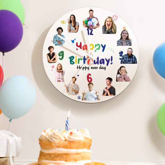 Personalised Happy Birthday round PVC wall clock 30×30cm with custom photo laser engraving and precise quartz movement — stylish personalised birthday gift