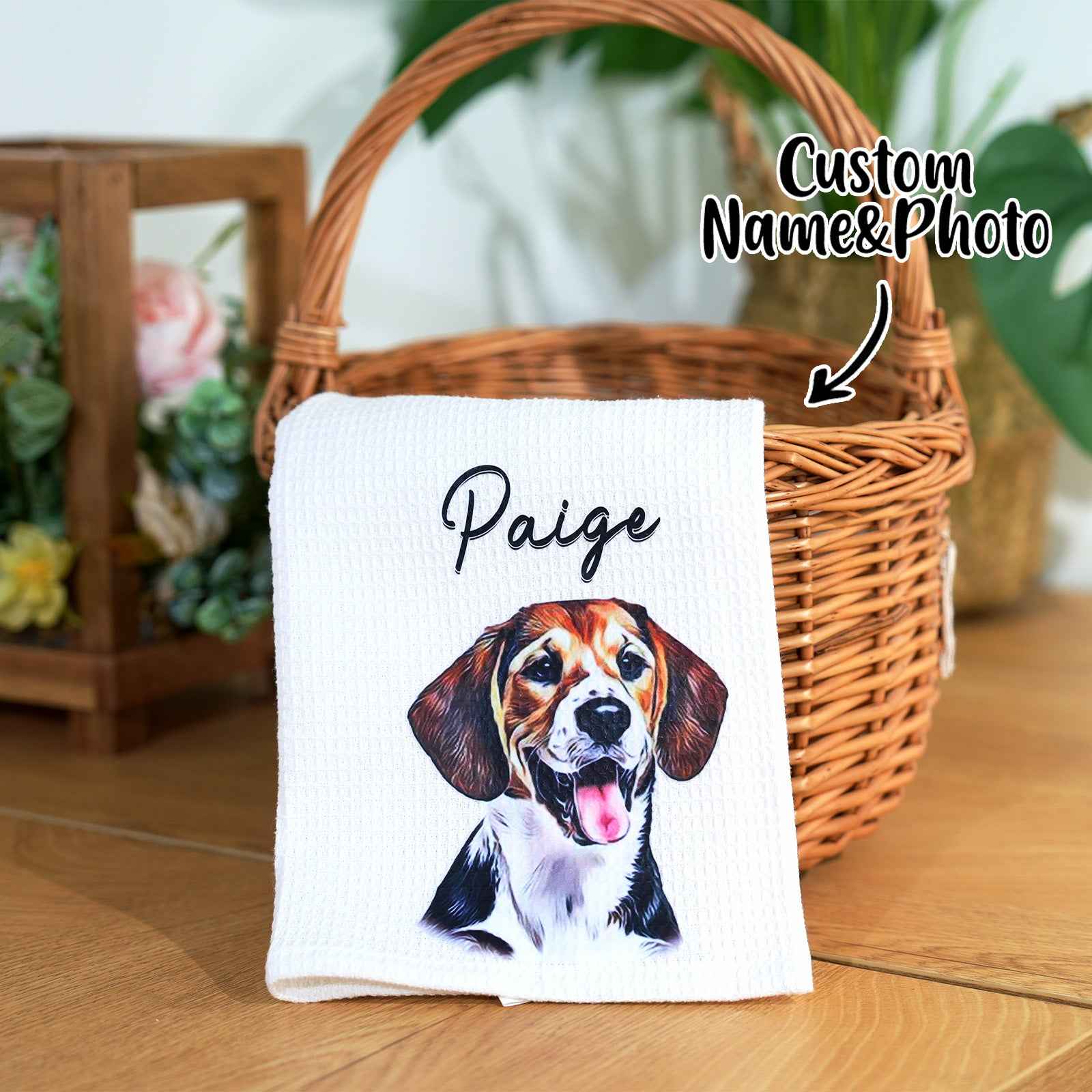 Personalized Oil Painting Style Pet Portrait Photo Cotton Waffle Tea Towel Birthday Anniversary Gift for Pet lover