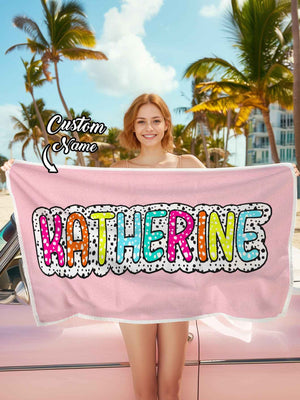 Personalized Dalmatian Dots Beach Towel with Rainbow Name Summer Vacation Bridesmaid Party Gift for Her