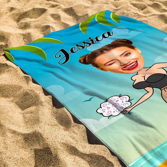 Personalised Photo Towel with vibrant printed image on soft mink polyester front and absorbent cotton reverse — custom beach towel gift for girlfriend, ideal for beach or pool
