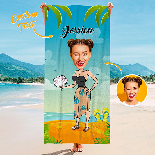 Personalised Photo Towel with vibrant printed image on soft mink polyester front and absorbent cotton reverse — custom beach towel gift for girlfriend, ideal for beach or pool