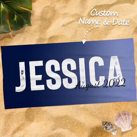 Personalised gradient beach towel 70x140cm with custom name in vivid print — lightweight, fast-dry custom towel ideal as a beach gift