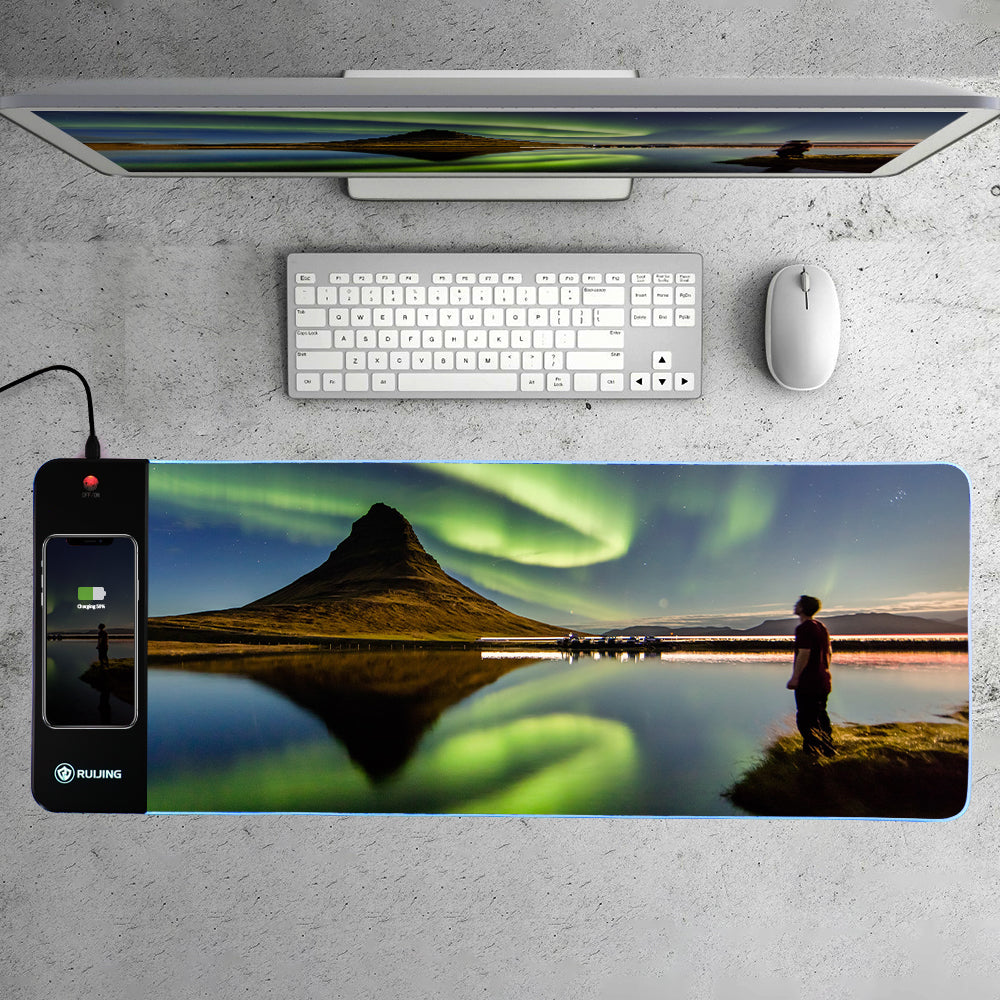 Underside view showing non-slip natural rubber base of personalised wireless-charging mouse pad — waterproof, anti-fouling and stable for gaming