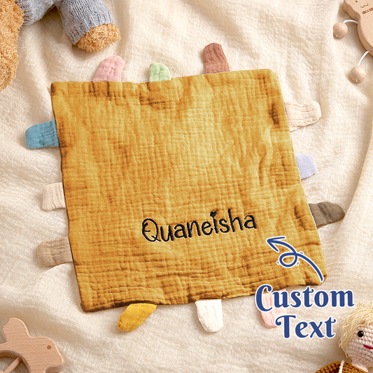 Personalised baby comfort towel with embroidered name – soft cotton lovey, 23 x 23 cm front view