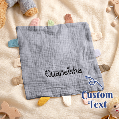 Embroidered name detail on personalised cotton lovey – machine-washable baby comfort towel, 23 x 23 cm