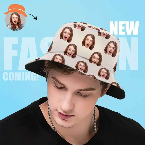 Customisable unisex bucket hat laid flat — all-over print polyester twill, structured brim and foldable for travel