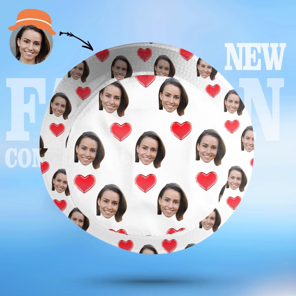 Model wearing personalised 2-Face Heart Print bucket hat, showcasing the two-sided heart print and custom text option – ideal festival and beach hat