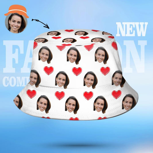 Personalised 2-Face Heart Print Bucket Hat front view showing a custom photo inside the heart motif on a unisex fisherman hat, lightweight polyester summer accessory