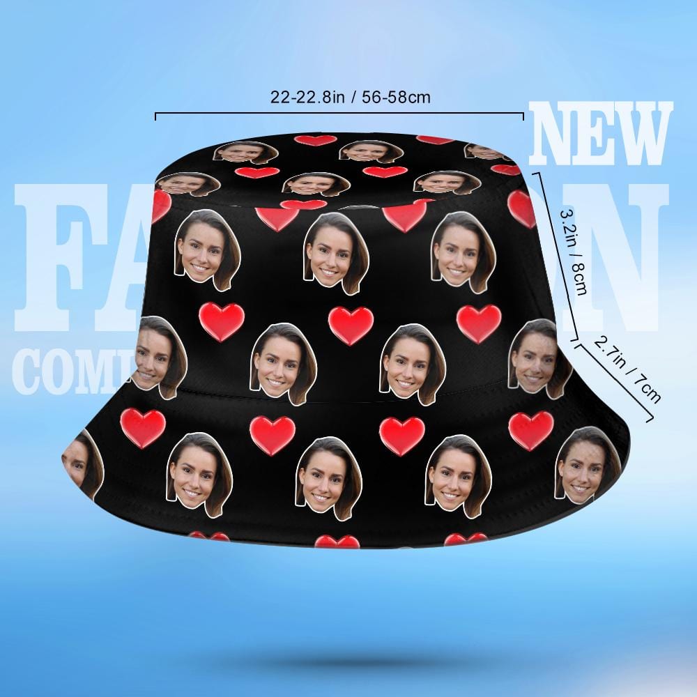 Display image of personalised heart print bucket hat on a mannequin, perfect custom gift for Valentine's Day or special occasions