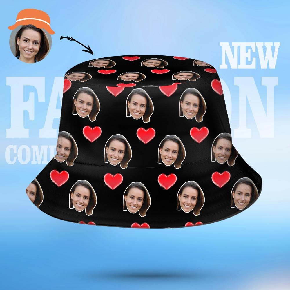 Side profile of a custom unisex fisherman hat with repeated heart print pattern and customisable photo and text options