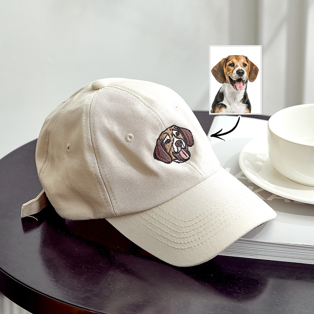 Personalised embroidered pet hat in beige showing a detailed custom dog portrait on the front panel, custom pet photo cap