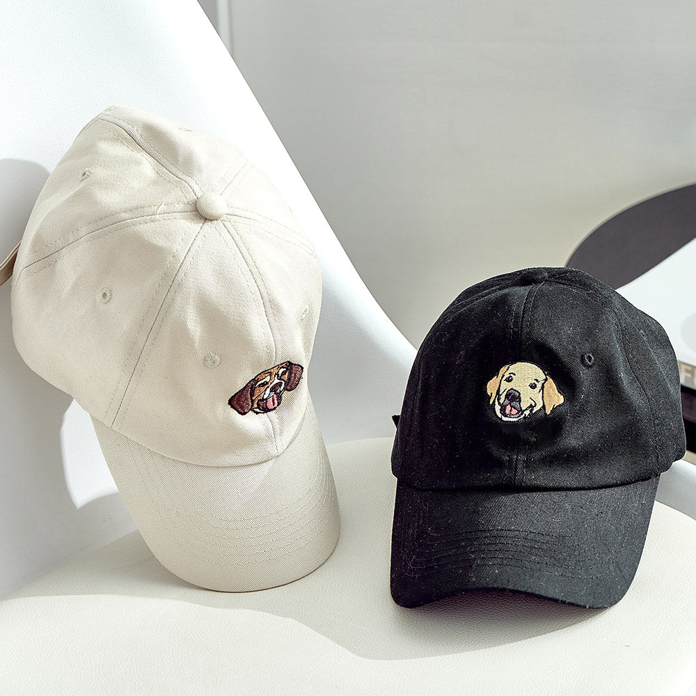Personalised embroidered pet hat in beige showing a detailed custom dog portrait on the front panel, custom pet photo cap