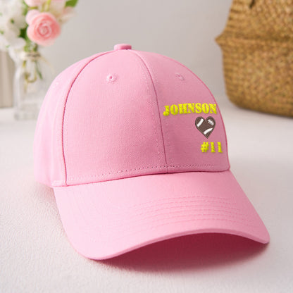 Front view of personalised football team cap with embroidered name on the crown — custom baseball hat for sports fans and players