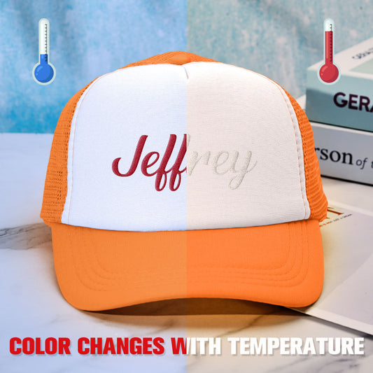 Front view of a custom puff print trucker hat with personalised temperature-sensitive foam design, breathable mesh back and adjustable snap — ideal back to school gift