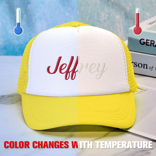 Front view of a custom puff print trucker hat with personalised temperature-sensitive foam design, breathable mesh back and adjustable snap — ideal back to school gift