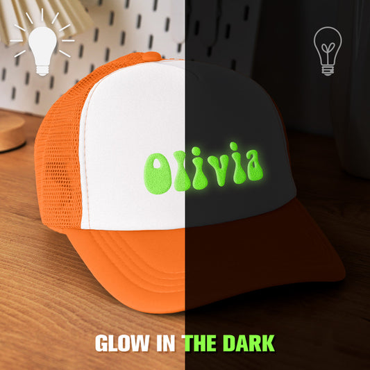 Front view of personalised Puff Print Trucker Hat with foam front and raised glow-in-the-dark print — adjustable adult trucker cap, perfect back-to-school gift.