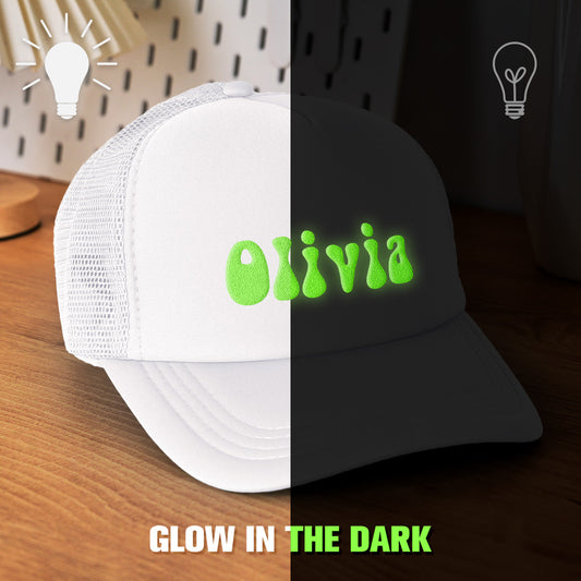 Front view of personalised Puff Print Trucker Hat with foam front and raised glow-in-the-dark print — adjustable adult trucker cap, perfect back-to-school gift.