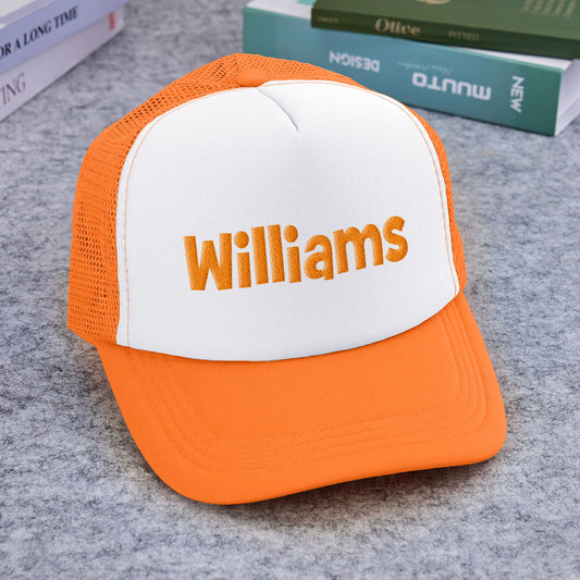 Front view of a Personalised Puff Print Trucker Hat with raised custom name on the foam front, mesh back and adjustable snapback — Custom Name Foam Trucker Cap