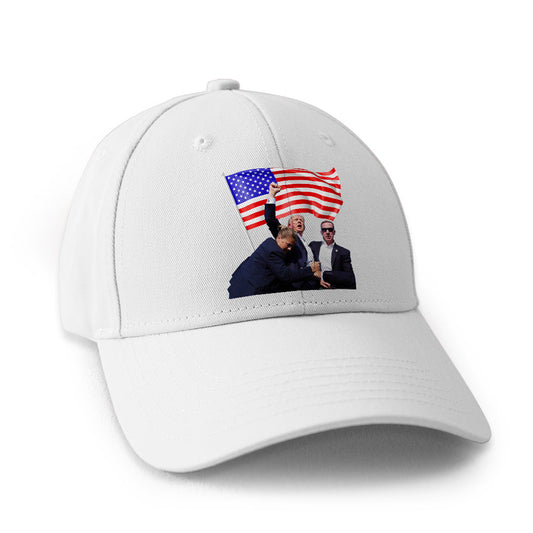 Front view of Trump 2024 commemorative cotton cap with embroidered 'Fight!' slogan – supporter rally hat in breathable 100% cotton