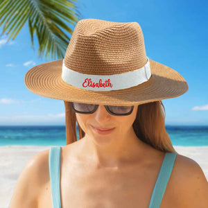 Personalized Straw Fedora Hat with White Band Custom Beach Hat Gift for Bridesmaid Friends Family Bachelorette Party