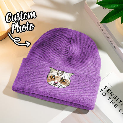 Detailed shot of stitchwork and knit texture on the personalised embroidered pet beanie highlighting durable embroidery and soft acrylic yarns