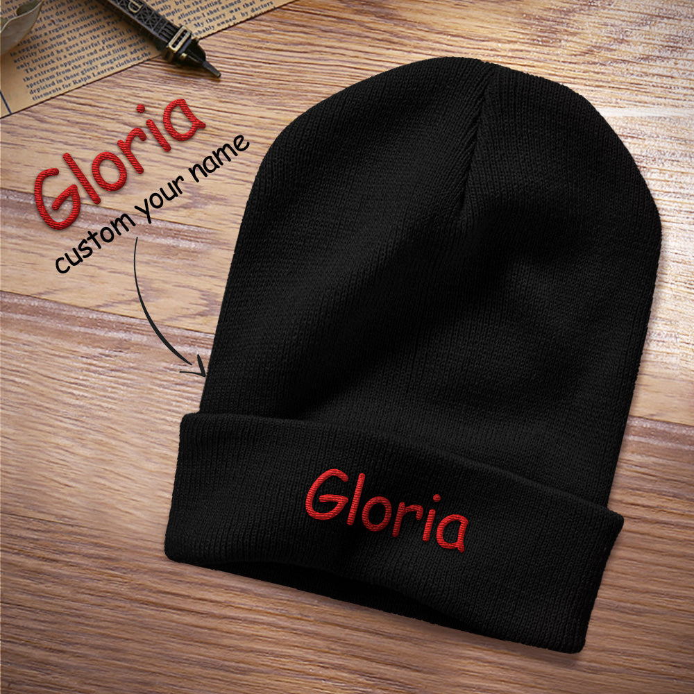Front view of personalised embroidered beanie showing custom text on the cuff — custom winter hat in 100% acrylic, one size (56–58 cm)