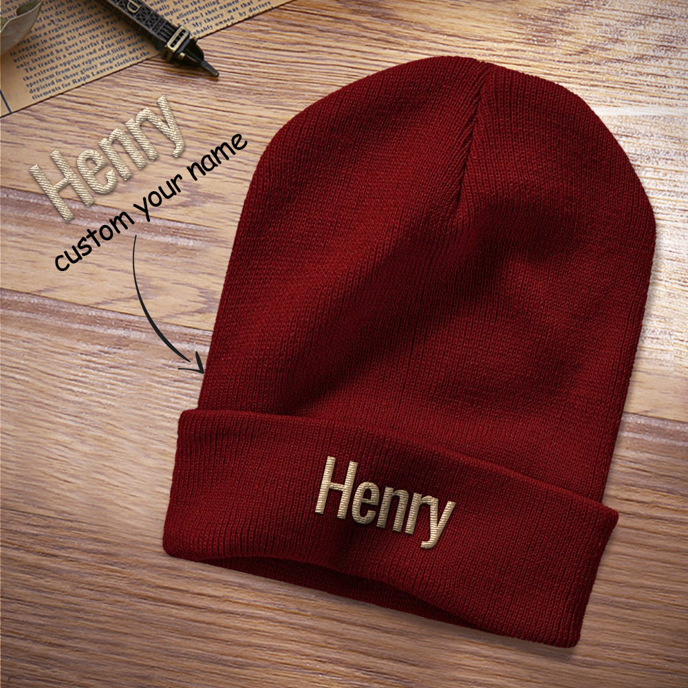 Front view of personalised embroidered beanie showing custom text on the cuff — custom winter hat in 100% acrylic, one size (56–58 cm)