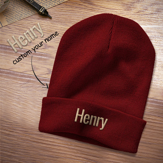 Front view of personalised embroidered beanie showing custom text on the cuff — custom winter hat in 100% acrylic, one size (56–58 cm)