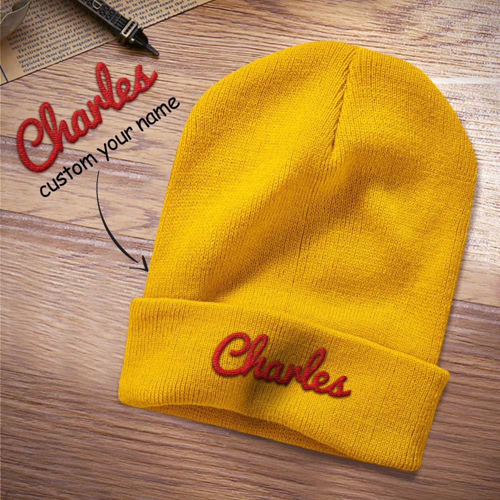 Side view of personalised embroidered beanie highlighting neat embroidered lettering and stretchable acrylic knit — ideal custom winter hat with multiple thread colours