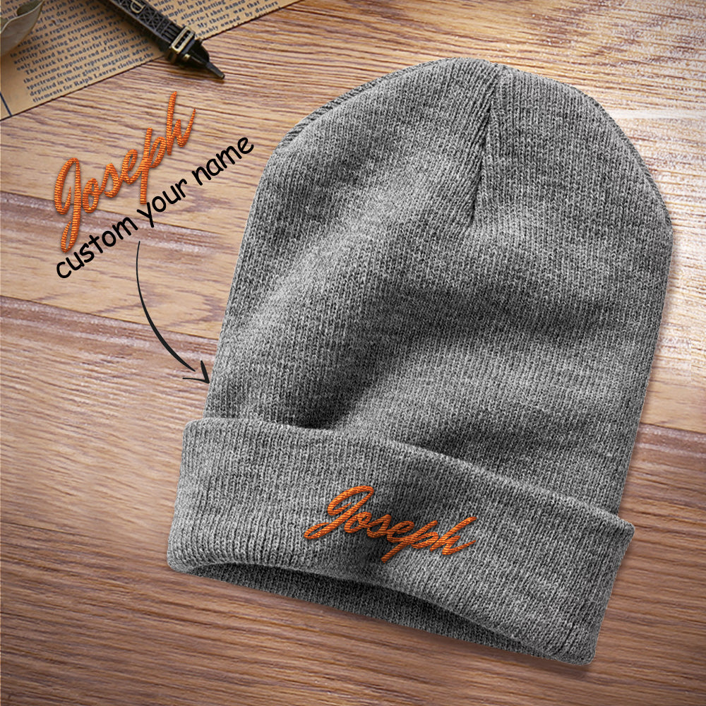 Close-up of embroidered stitching on personalised beanie cuff showing durable threadwork — long‑lasting personalised embroidered beanie for winter