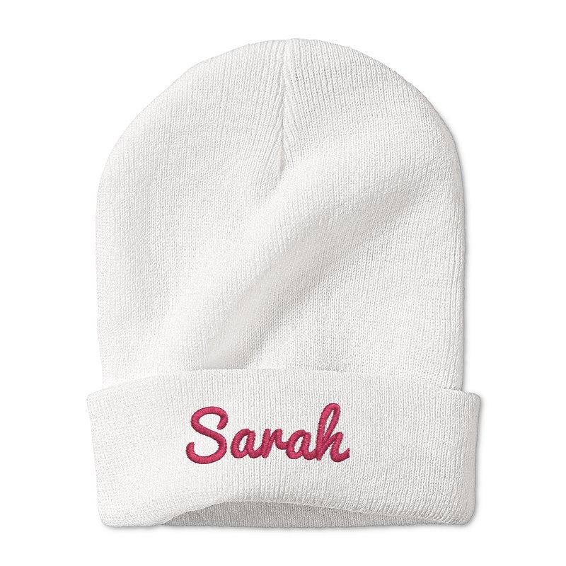 Folded personalised embroidered beanie displaying brim and height dimensions — lightweight, portable 100% acrylic custom winter hat