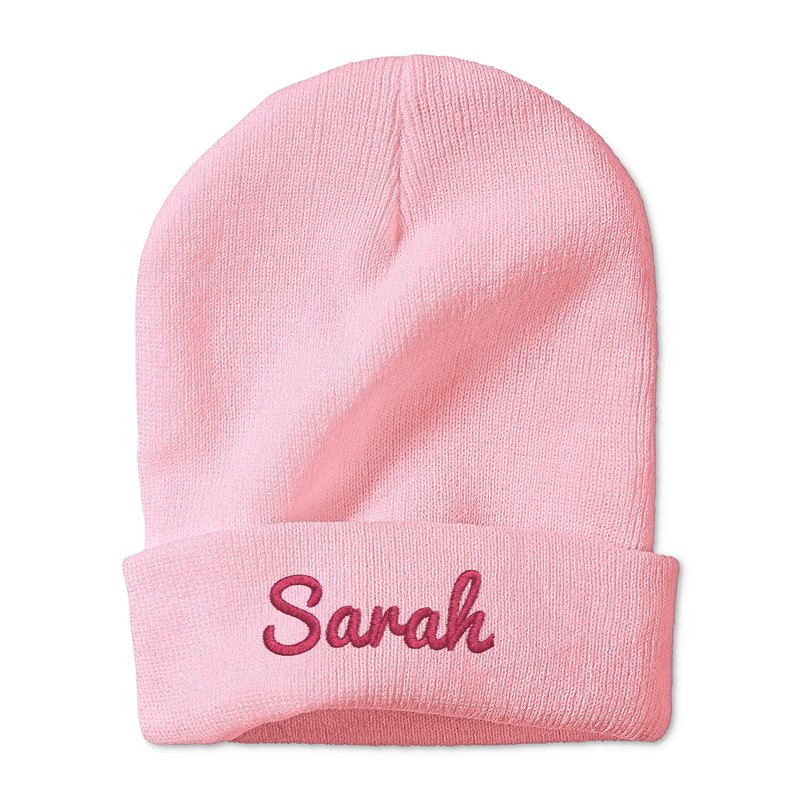 Assorted colour options of personalised embroidered beanie laid flat — 8–10 colour choices for men and women custom winter hats