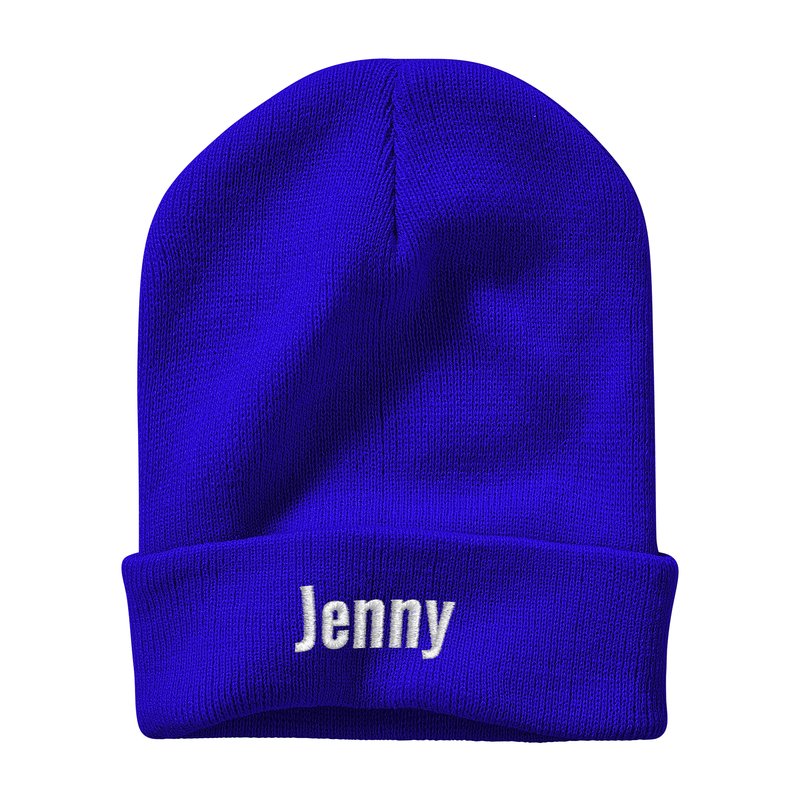 Model wearing personalised embroidered beanie styled for winter — warm acrylic custom hat perfect for city walks, slopes and gifting