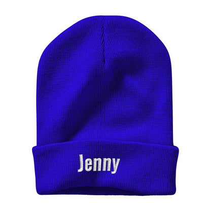 Model wearing personalised embroidered beanie styled for winter — warm acrylic custom hat perfect for city walks, slopes and gifting