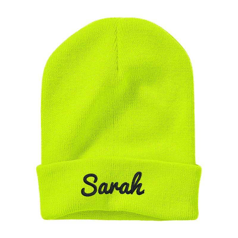 Rear and top detail of personalised embroidered beanie showing shape retention and reliable elongation — soft 100% acrylic custom winter hat