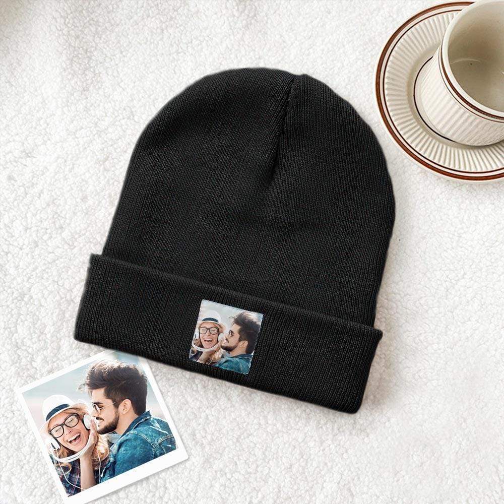 Custom photo beanie – close-up of personalised knitted winter hat (colour B), perfect for birthdays, Valentine’s or Christmas gifts