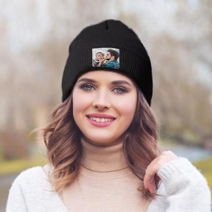Personalised photo beanie hat – colour option A, custom knitted winter hat suitable for adults, soft and warm, hand-wash gently to preserve print