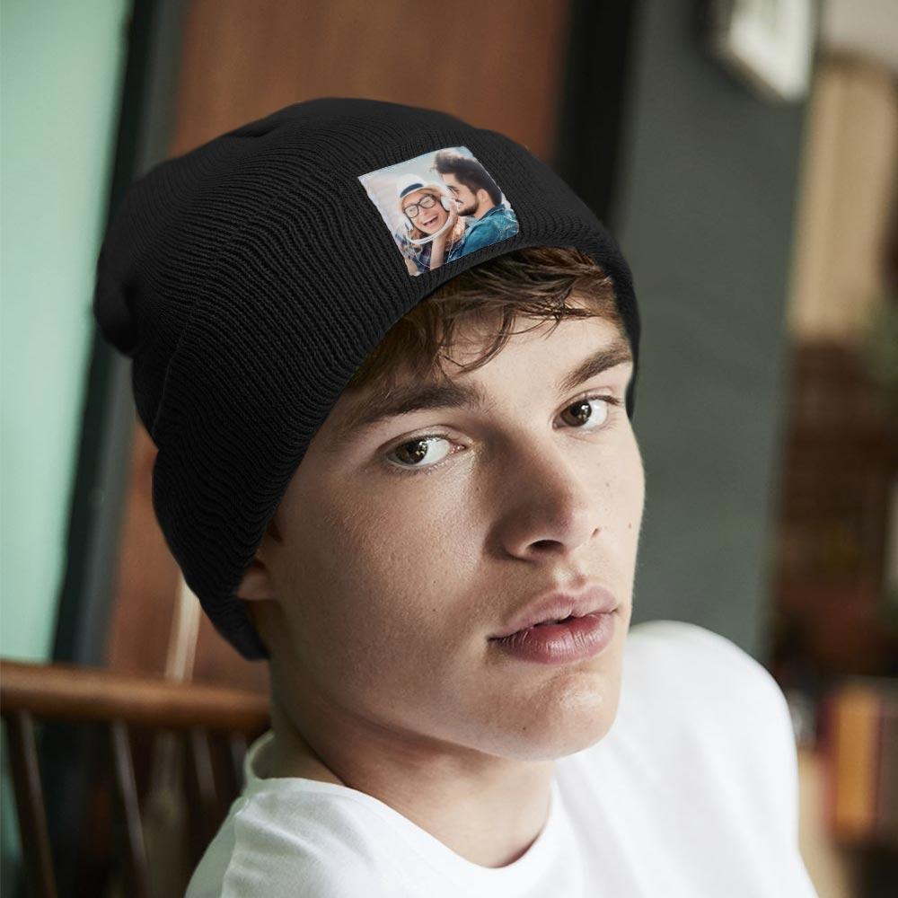 Custom knitted beanie hat with personalised photo (colour C) – ideal for outdoor sports and cold-weather activities, ear-covering design