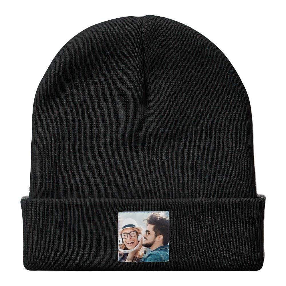Personalised photo beanie hat (colour option A) – unisex custom knitted winter hat, soft elastic acrylic that covers ears for warmth
