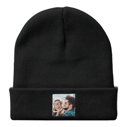 Personalised photo beanie hat (colour option A) – unisex custom knitted winter hat, soft elastic acrylic that covers ears for warmth