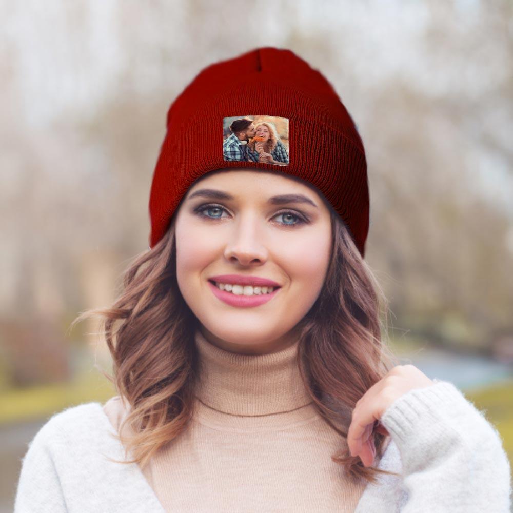 Custom photo beanie – personalised knitted hat (colour A), a thoughtful keepsake for teens and adults, upload high-res photos for best results
