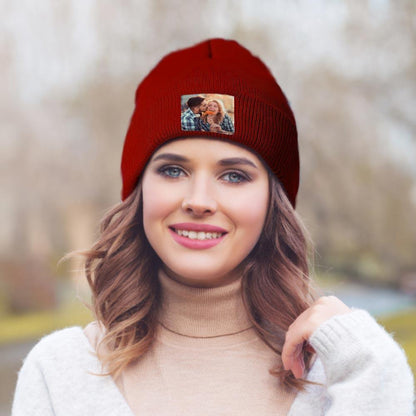 Custom photo beanie – personalised knitted hat (colour A), a thoughtful keepsake for teens and adults, upload high-res photos for best results