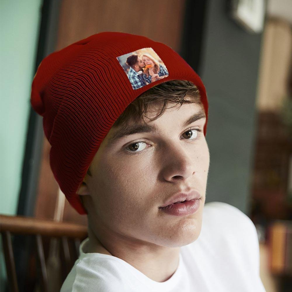 Personalised knitted beanie hat – colour option B, custom photo or text, unisex adult fit, snug ear-covering winter hat for gifting